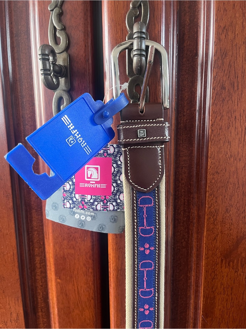 Romfh Equestrian Belt - Brown Leather with Navy and Pink Trim